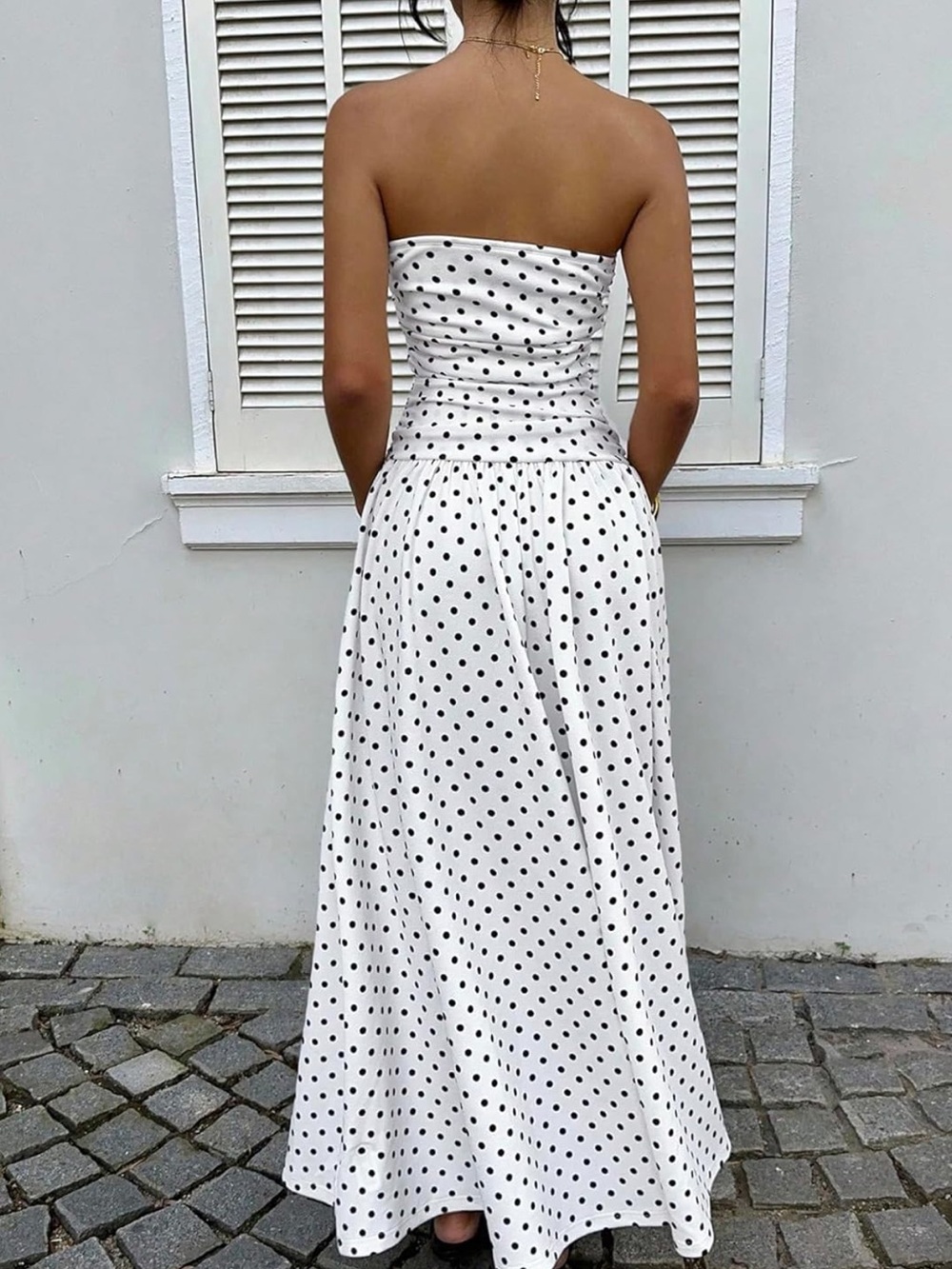 Strapless White Polka Dot Maxi Dress - XS - Picture 3 of 9
